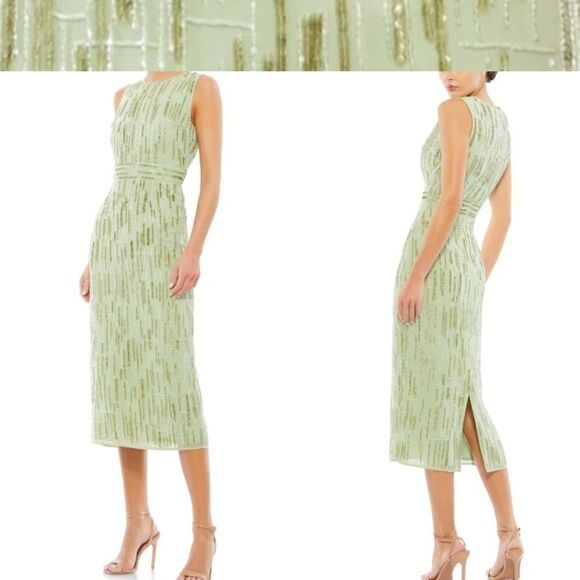 $498 NEW MAC DUGGAL 8 SAGE GREEN HAND BEADED MIDI CREPE SHEATH COLUMN DRESS NWT - Picture 1 of 16
